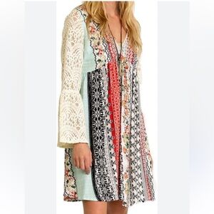 KORI AMERICA Boho Prairie Patches Dress With Lace Trim Bell Sleeves / Size Large
